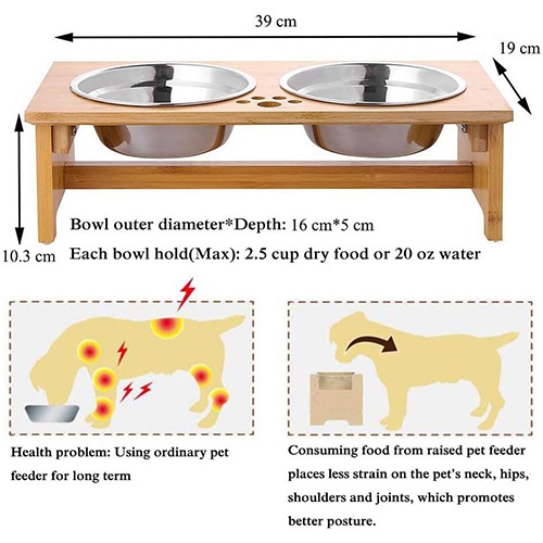 FOREYY Raised Pet Bowls for Cats and Small Dogs, Bamboo Elevated Dog Cat Food and Water Bowls Stand Feeder with 2 Stainless Steel Bowls and Anti Slip Feet(4'' Tall, 20 Oz Bowl)