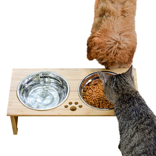 FOREYY Raised Pet Bowls for Cats and Small Dogs, Bamboo Elevated Dog Cat Food and Water Bowls Stand Feeder with 2 Stainless Steel Bowls and Anti Slip Feet(4'' Tall-20 oz bowl)